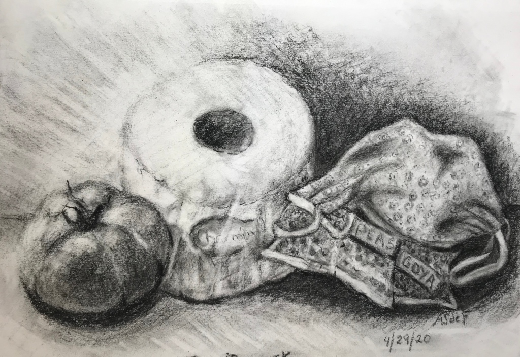 Still life with mask, charcoal pencil